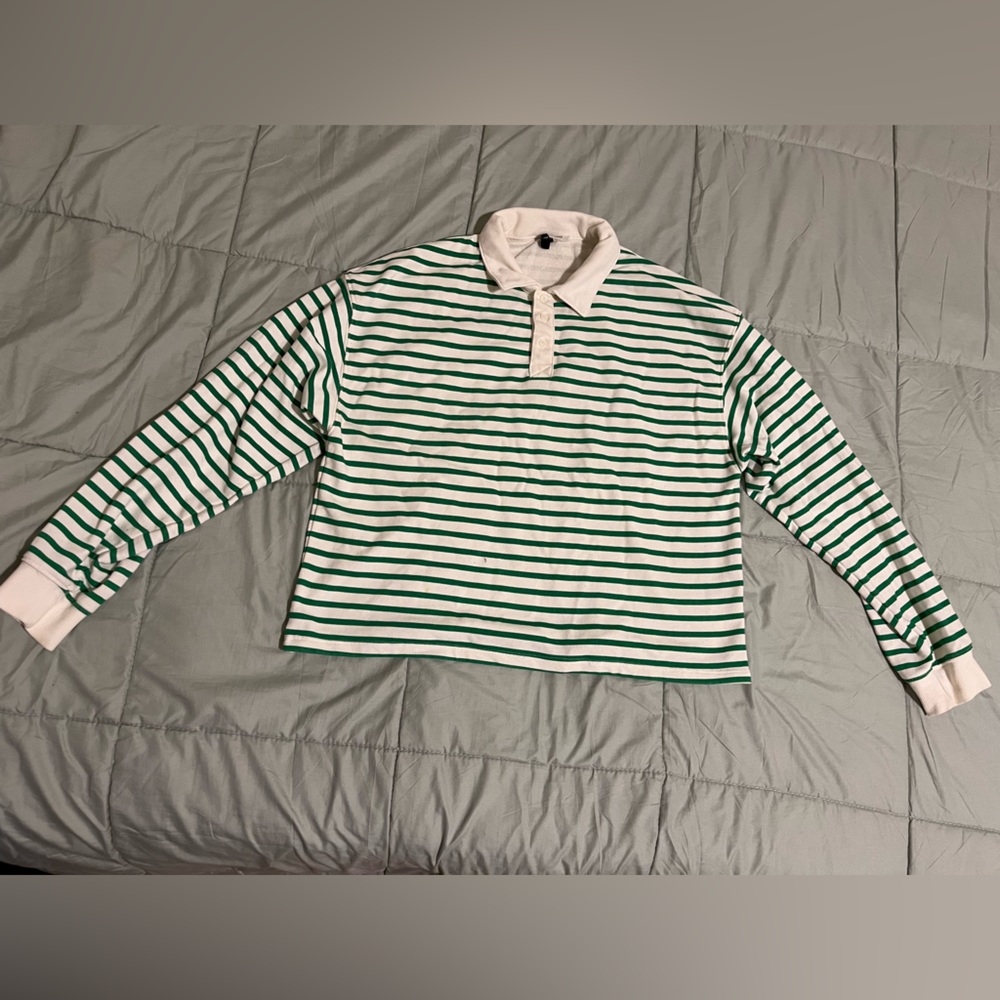H&M Green / Off-White Long-Sleeve Polo Shirt